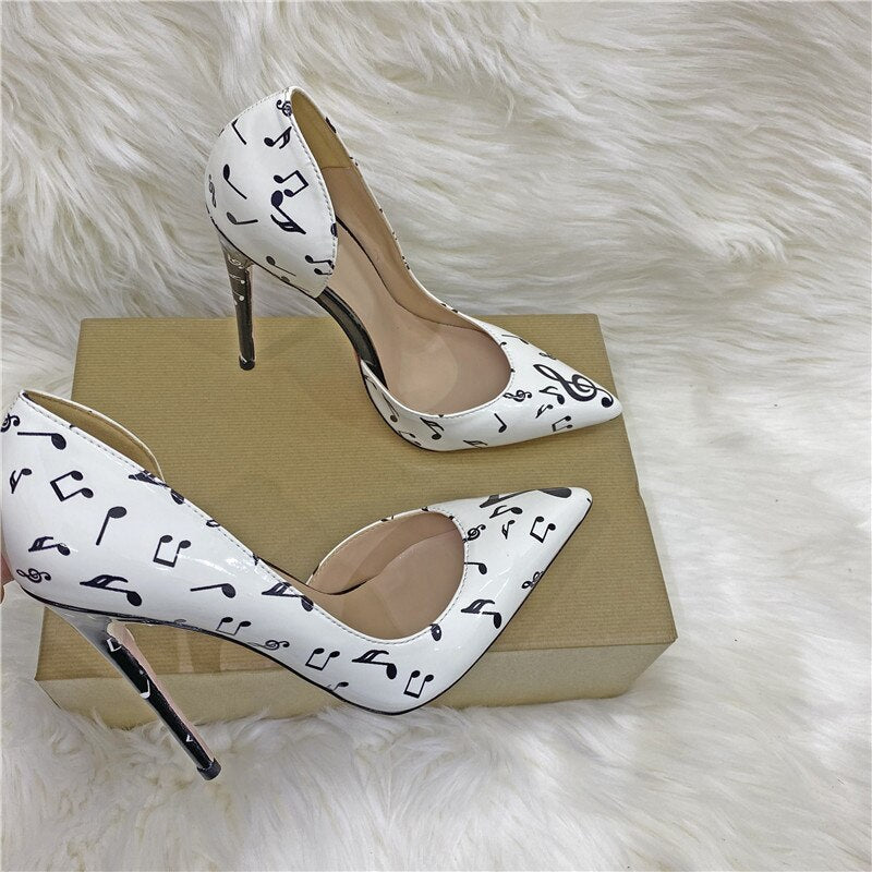 Veowalk Melody Print Women Pointy Toe D‘Orsay Stiletto Pumps Fashion Designer Ladies High Heel Dress Shoes White Plus Size 33-45