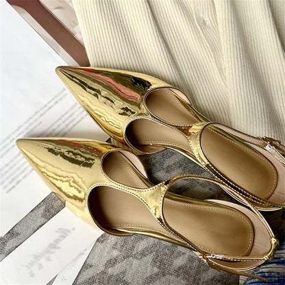 Eilyken Women New Fashion Pumps Pointed Toe Gold Ladies Elegant Dress Slingback Low Heel Mary Jane Mules Shoes Zapatos Mujer