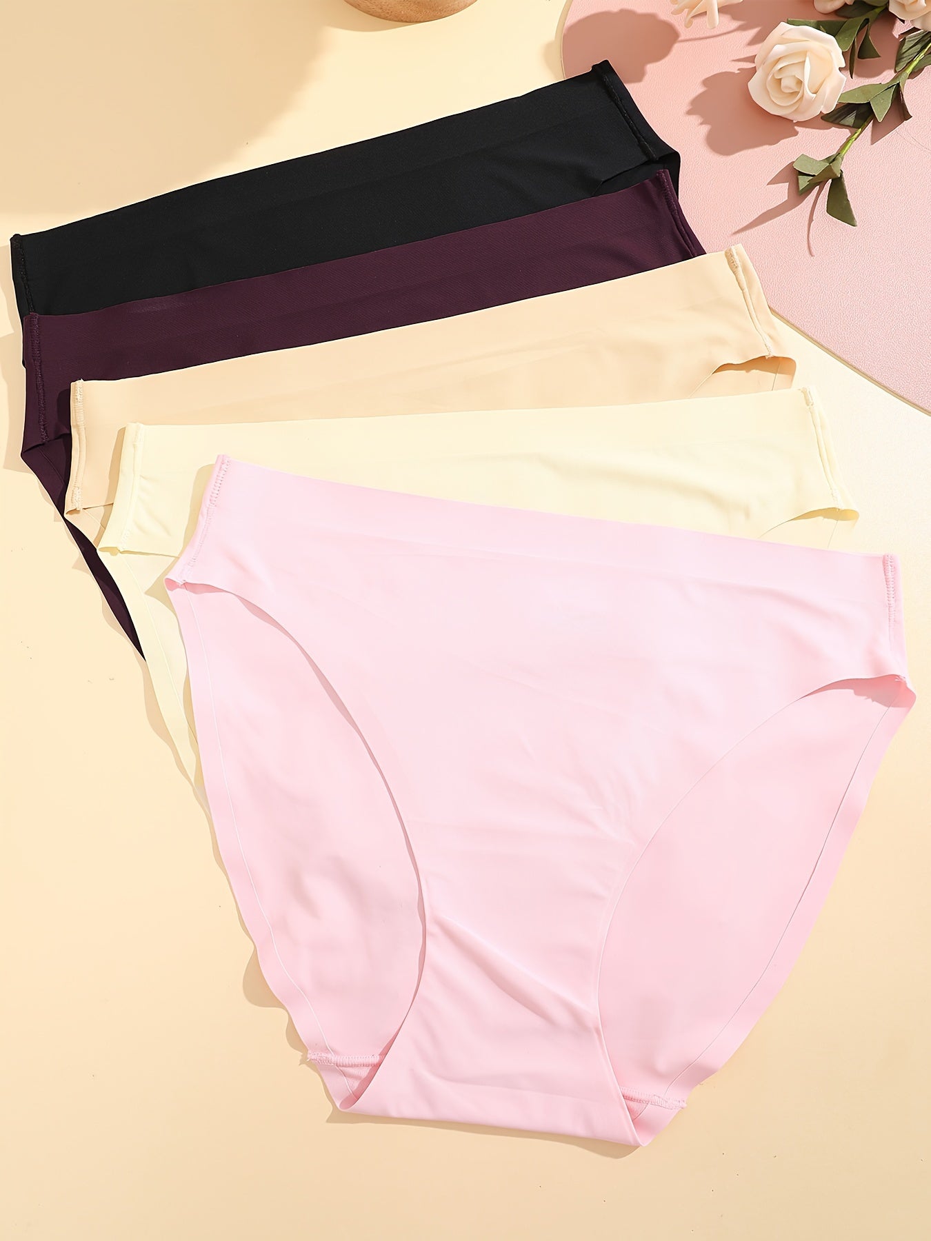 5pcs Seamless Solid Briefs, Comfy & Breathable Stretchy Intimates Panties, Women's Lingerie & Underwear