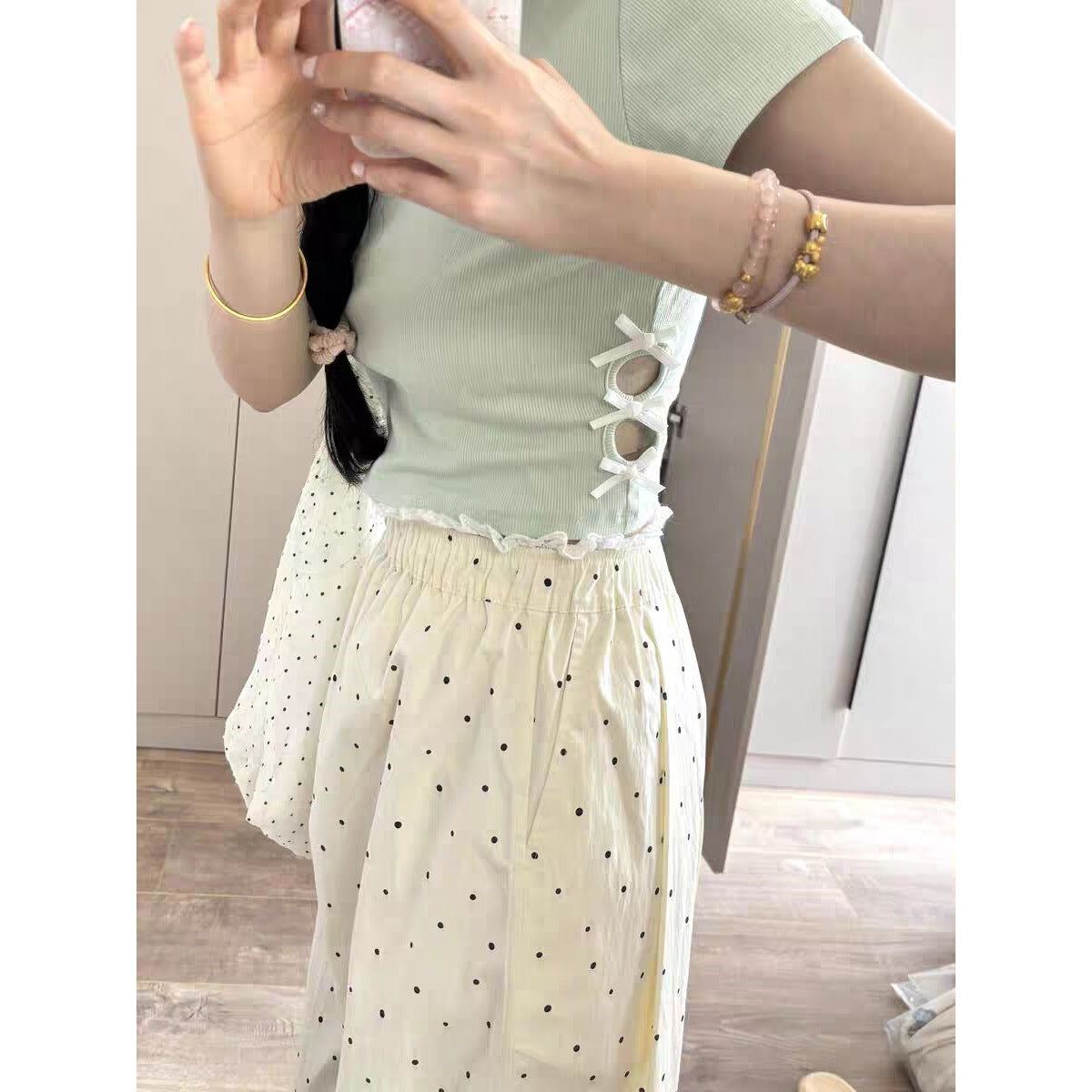 Hollow-out Bow-Knot Short-Sleeve Slim-Fit Midriff-Baring Top