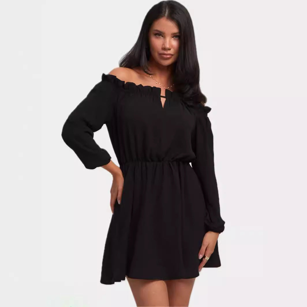 Womens Fashion Casual Solid-Color Off-the-Shoulder Dress