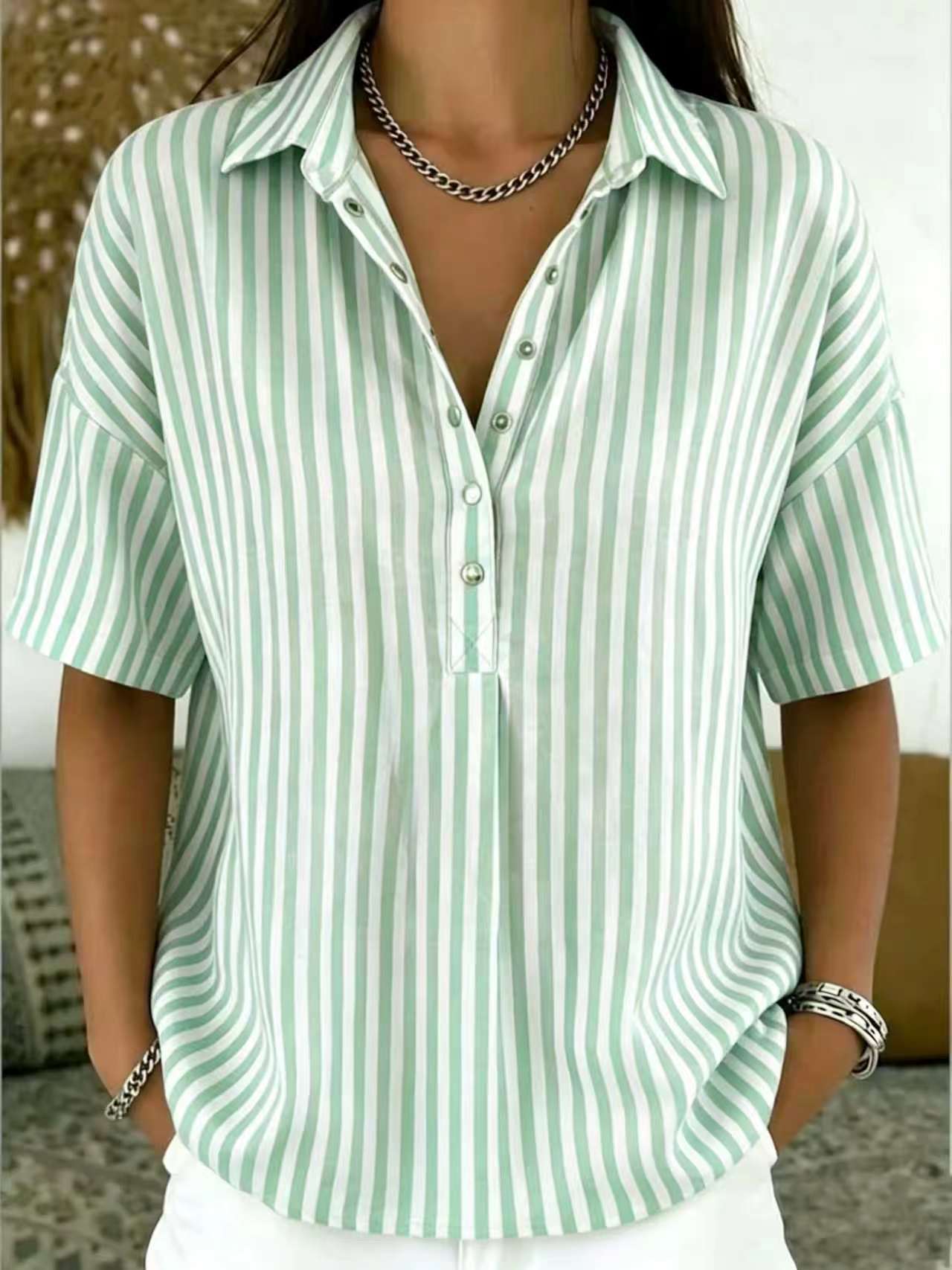 Women's Fashion Casual Striped Short-Sleeve Shirt With Lapel Collar