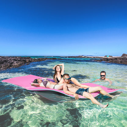 12' X 5' Lily Pad Floating Mat With Cup Holder Table, 3-Layer Portable Roll-Up Water Mat Float Dock For 2-3 People, On Lake, River, Beach, Swimming Pool, Pink