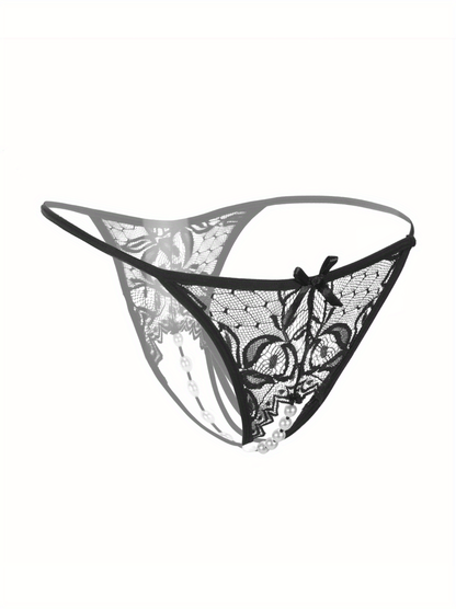 Sexy Floral Lace Thongs - Comfortable Women's Lingerie with Faux Pearl Detail, Open Crotch, and Elegant Design for a Confident You