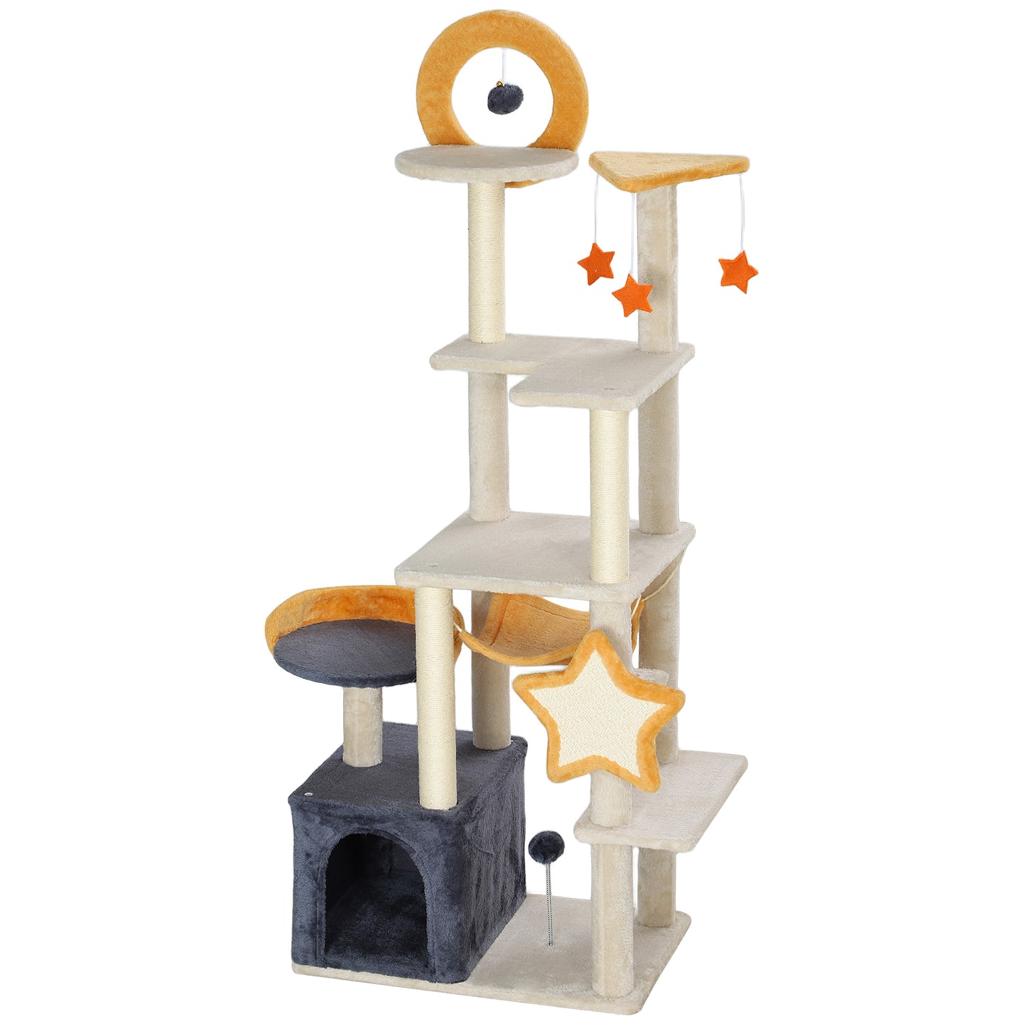 63 Inch Moon and Star Themed Cat Tree with Scratching Post, Hammock, Condo, Bed, Scratching Board & Cat Toys, Beige
