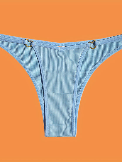 5pcs Solid Ribbed Panties, Soft & Comfy Heart Ring Linked Panties, Women's Lingerie & Underwear