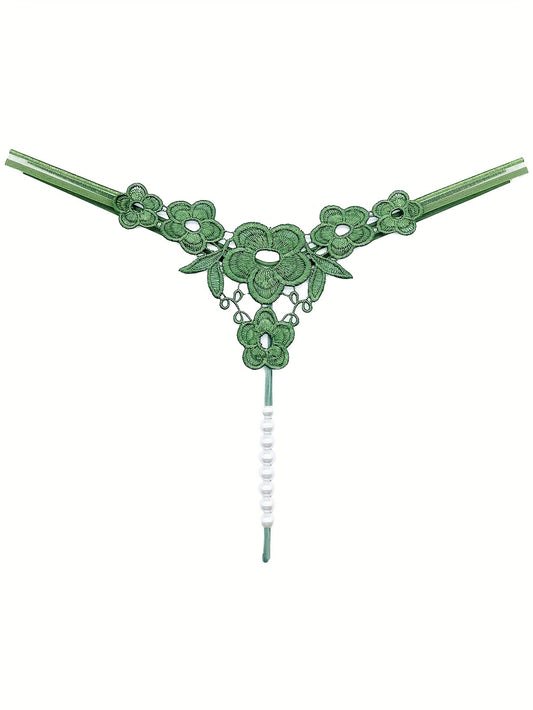 Floral Embroidery Thong, Hollow Out Faux Pearl Panties, Women's Sexy Lingerie & Underwear