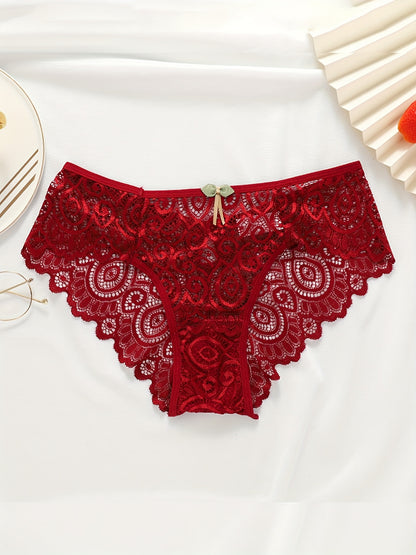 5pcs Floral Lace Bow Tie Briefs, Sexy Cut Out Scallop Trim Panties, Women's Lingerie & Underwear