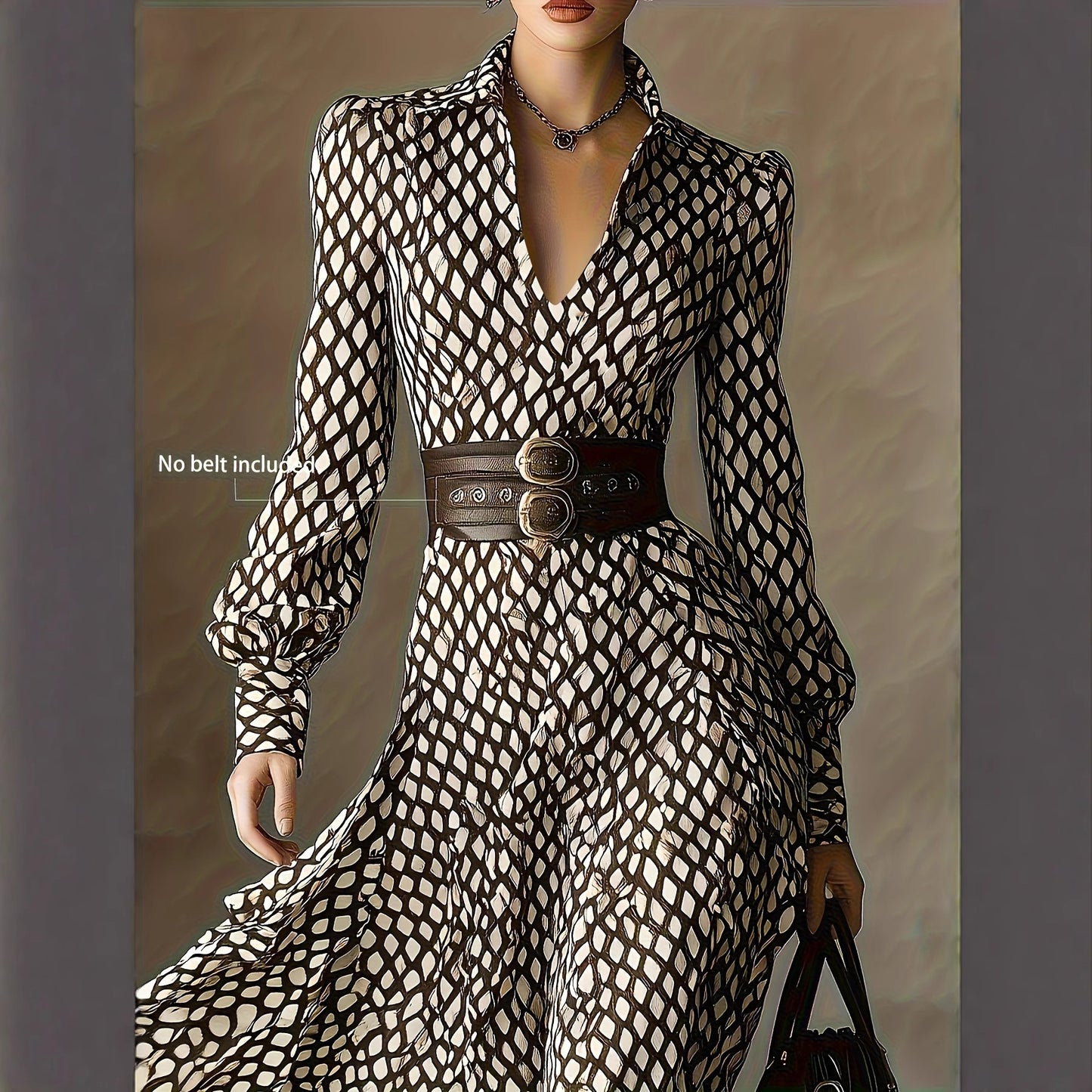 V-neck Puffy Long-sleeve High-waisted A-line Maxi Skirt For Women