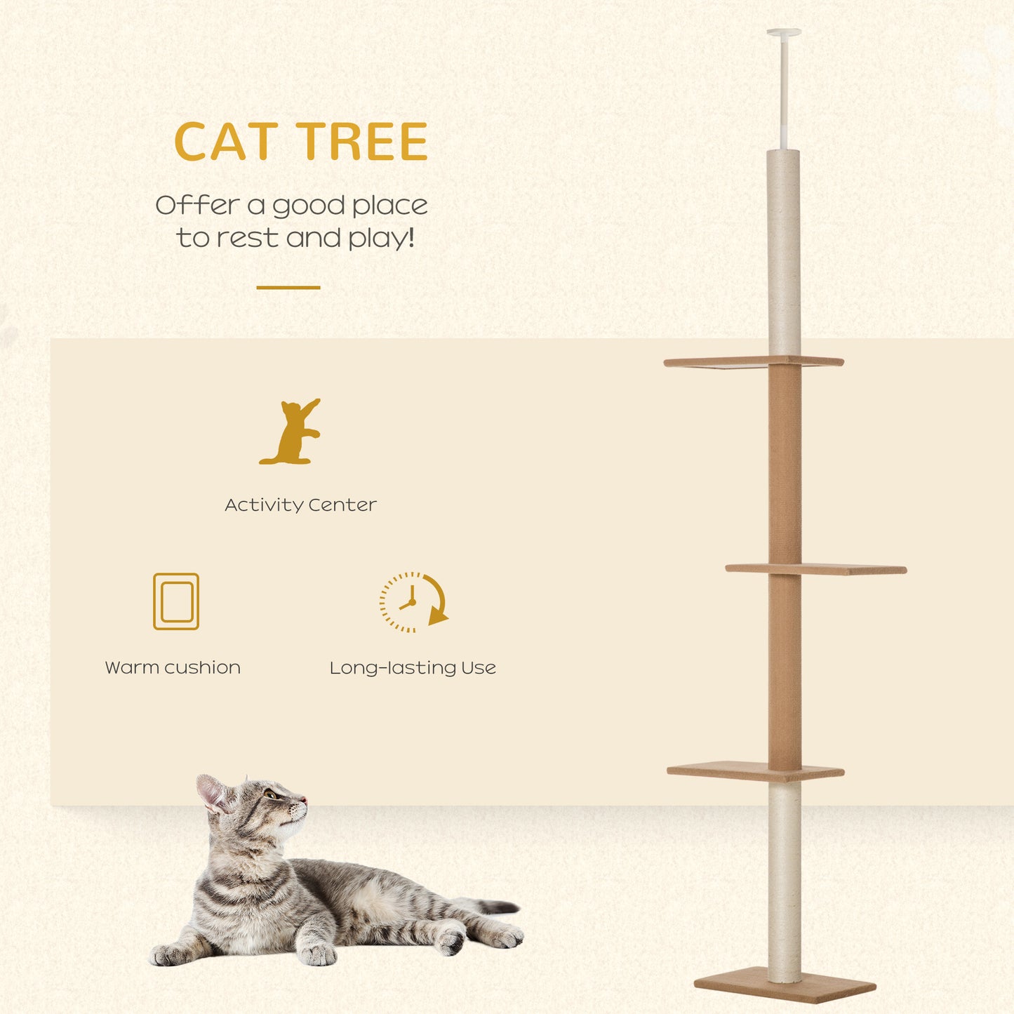 Floor-to-Ceiling Cat Tree Cat Climbing Tower with Sisal-Covered Scratching Posts Natural Cat Tree Activity Center for Kittens Cat Tower Furniture, Light brown