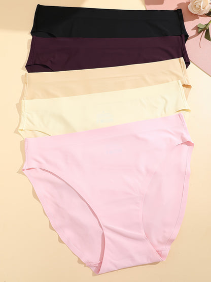5pcs Seamless Solid Briefs, Comfy & Breathable Stretchy Intimates Panties, Women's Lingerie & Underwear