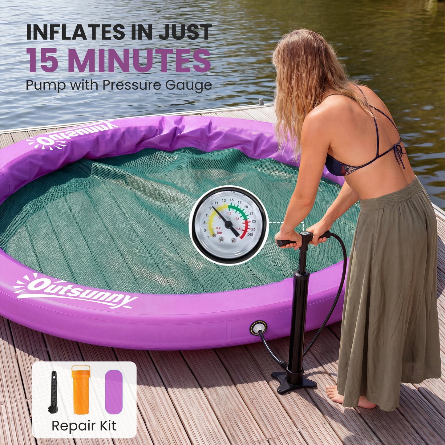 8FT Inflatable Water Hammock Floating Ring, Inflatable Floating Dock Platform for for Lakes, Pools, Oceans, Purple