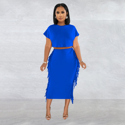 FashionableStyle Solid Color Fringe Round Neck Short Sleeve Long Dress Two-Piece Set