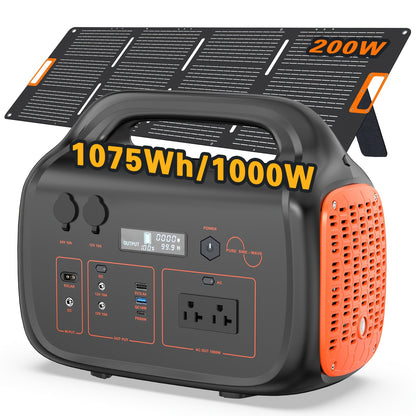 1000W (Peak 2000W)/1075Wh Portable Power Station with Foldable Solar Panel (200W), 1075Wh LiFePO4 (LFP) Battery, Fast Charging, Solar Generator Suitable for Family Emergency Outdoor Hunting Camping RV Trip