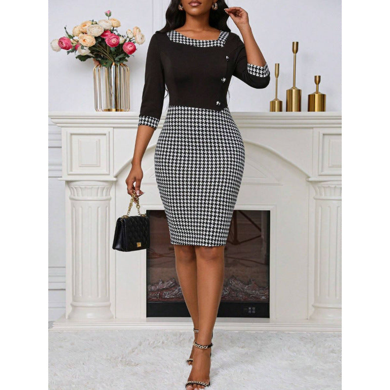 SpringSummer Houndstooth Patchwork Asymmetrical-Neckline Slim-Fit Dress