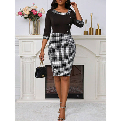 SpringSummer Houndstooth Patchwork Asymmetrical-Neckline Slim-Fit Dress