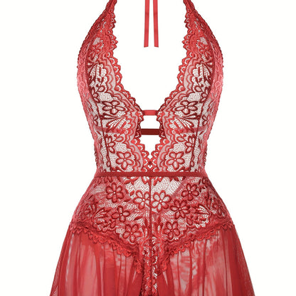Sultry Floral Lace Teddy Bodysuit - Teddies with Halter Strappy Backless Open Crotch Design, Sexy Women's Lingerie & Underwear for Romantic Nights Out