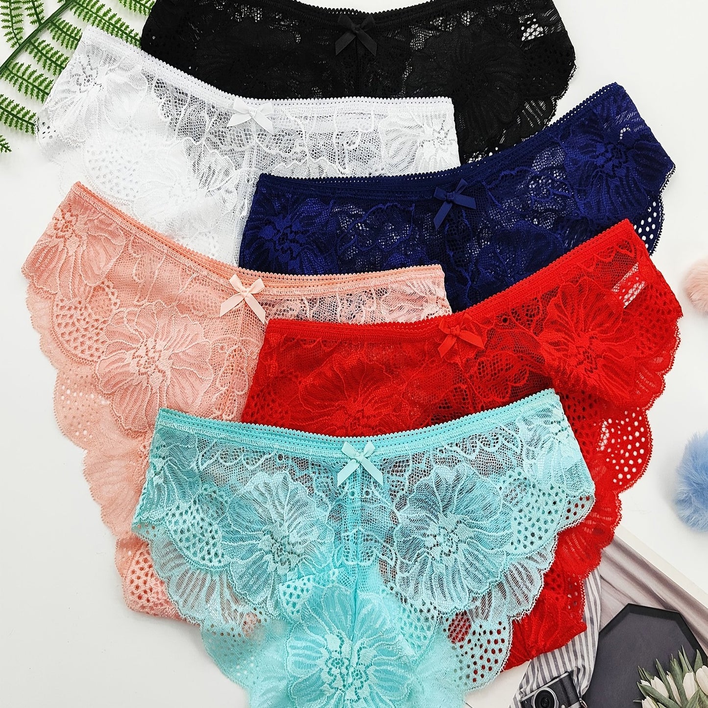 6pcs Jacquard Lace Bow Hipster Bikini Panties, Comfortable & Breathable Low Waist Briefs, Women's Lingerie & Underwear