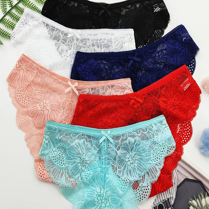 6pcs Jacquard Lace Bow Hipster Bikini Panties, Comfortable & Breathable Low Waist Briefs, Women's Lingerie & Underwear