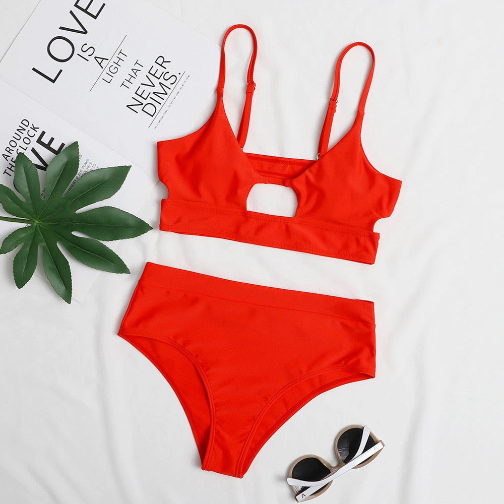 Sexy Bikini Set Cut Out Swimwear Women High Waist Swimwear Bandage Bathing Suits