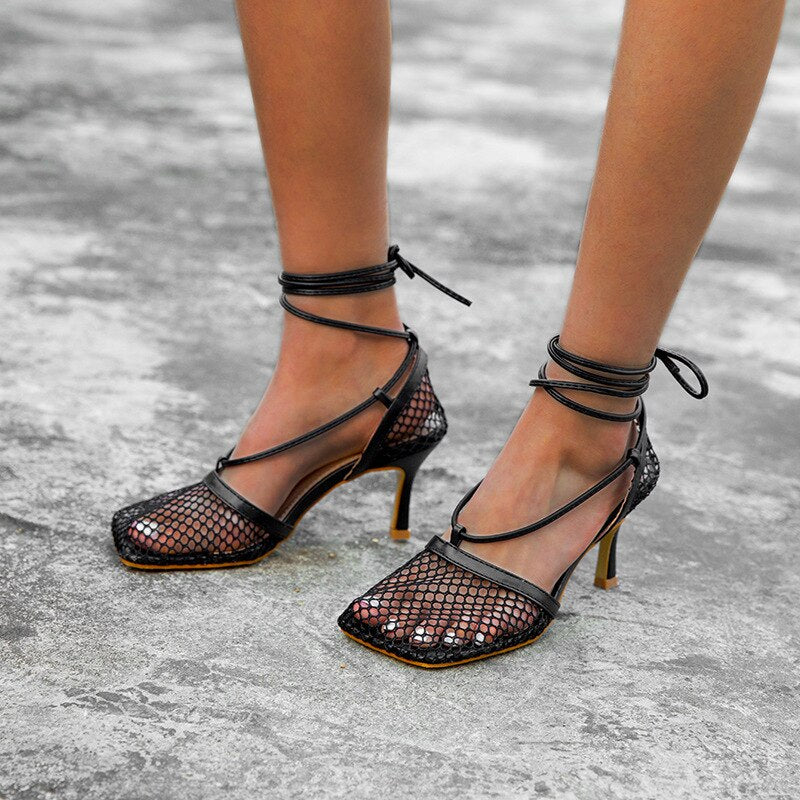 New Sexy Red Mesh Pumps Sandals Female Square Toe High Heel Lace Up Cross-tied Stiletto Hollow Dress Shoes  Mujer Bombas