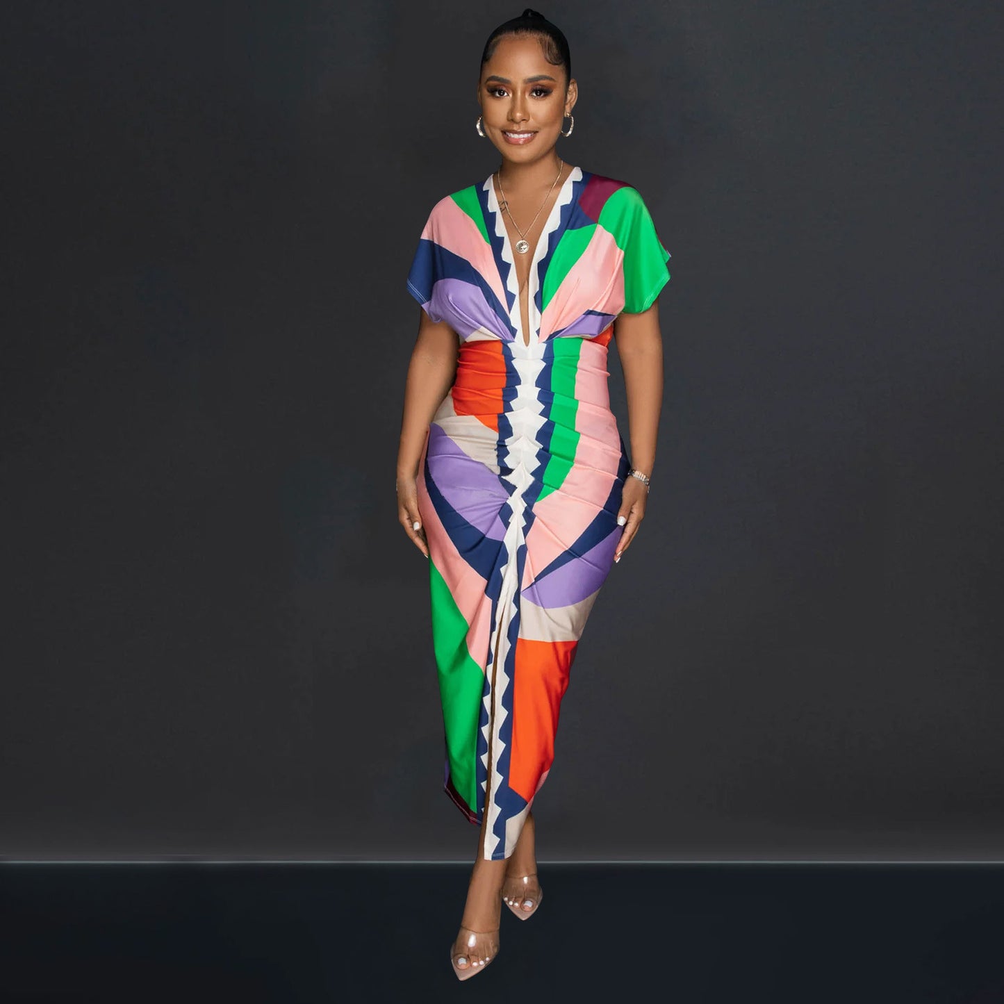 Fashion Women's V-neck Printed Pleated Split Long Dress