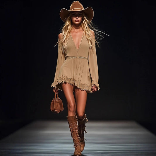 Strapless Off-the-shoulder Khaki Mini Dress With Long Sleeves