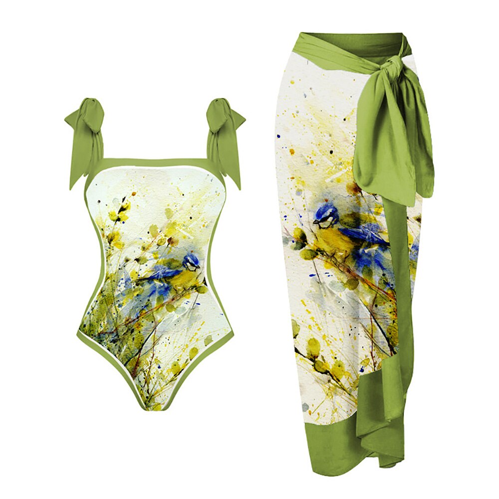 New Swimwear Set Multicolor Printed Chiffon Long Skirt One-Piece Sunscreen Swimsuit Beachwear Cover Up Bikini Bathing Suits