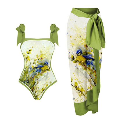 New Swimwear Set Multicolor Printed Chiffon Long Skirt One-Piece Sunscreen Swimsuit Beachwear Cover Up Bikini Bathing Suits