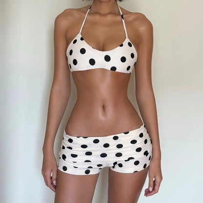 Wave print bikini set with neck tie and strapless swimsuit