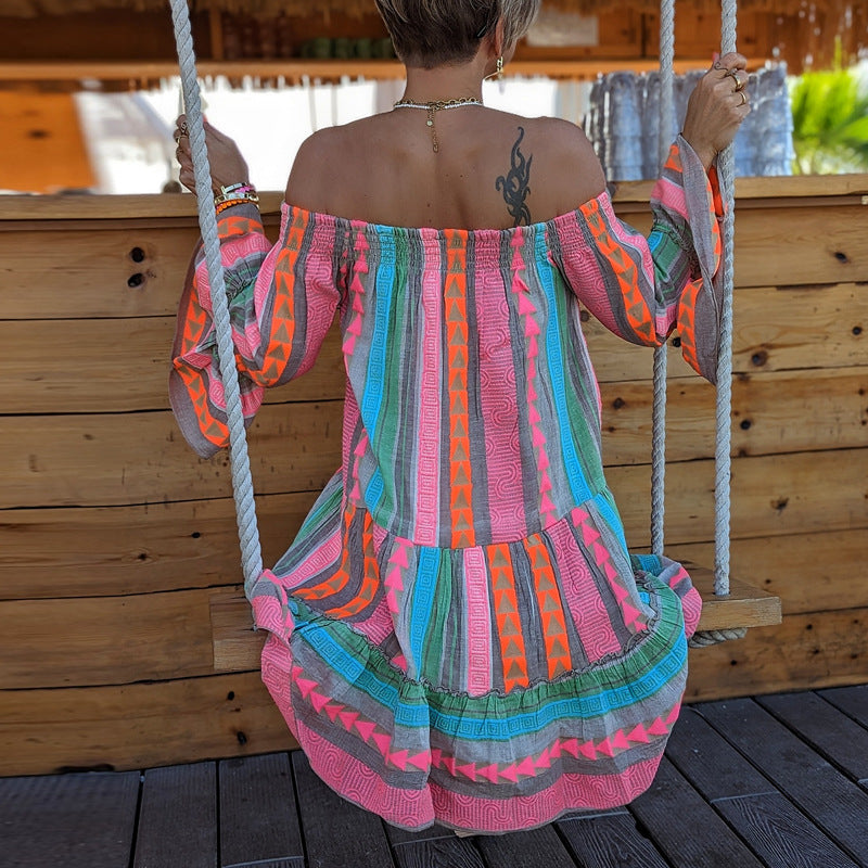 Patchwork Flared Sleeve A-line Dress for Women