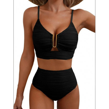 Split bikini metal buckle solid color gathered high waisted swimsuit