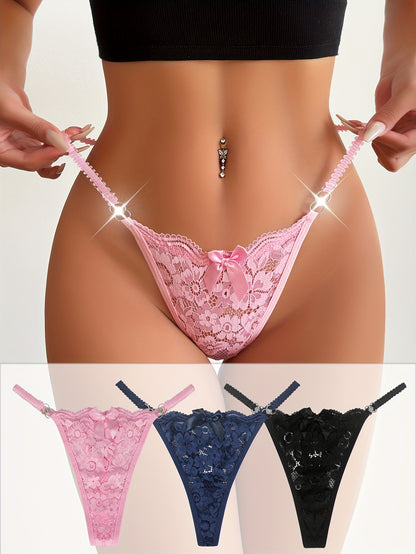 3pcs Floral Lace Bow Thongs, Semi-sheer Ring Linked Panties, Women's Lingerie & Underwear