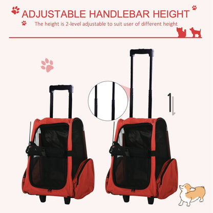 PawHut Pet Travel Backpack Bag Cat Puppy Dog Carrier W/ Trolley And Telescopic Handle Portable Stroller Wheel Luggage Bag (Red)