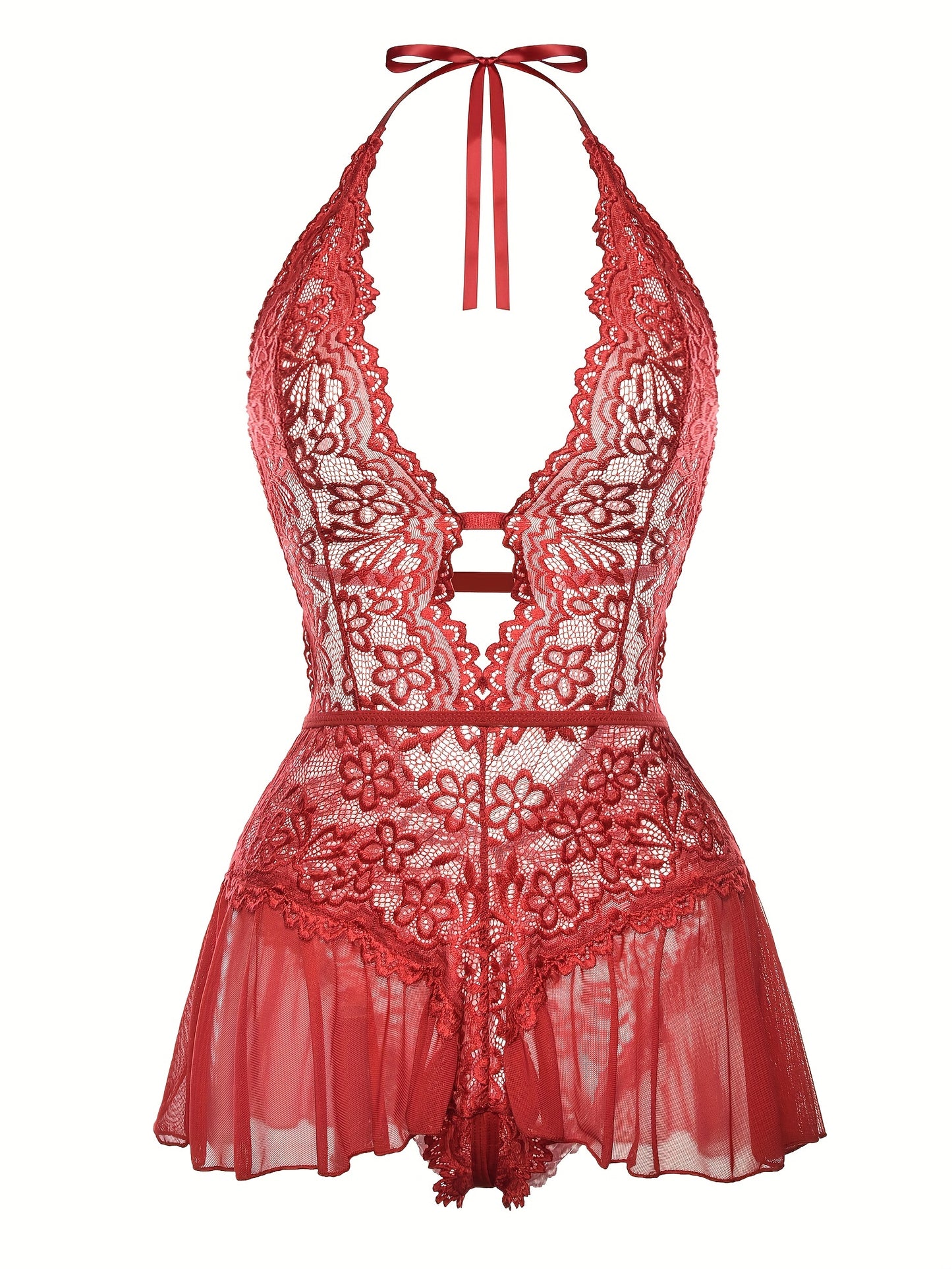 Sultry Floral Lace Teddy Bodysuit - Teddies with Halter Strappy Backless Open Crotch Design, Sexy Women's Lingerie & Underwear for Romantic Nights Out