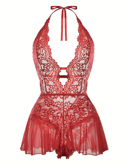 Sultry Floral Lace Teddy Bodysuit - Teddies with Halter Strappy Backless Open Crotch Design, Sexy Women's Lingerie & Underwear for Romantic Nights Out
