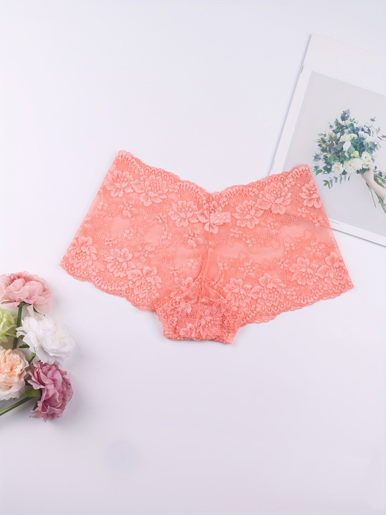6pcs Floral Lace Boyshort Panties, Soft & Comfortable Scallop Trim Panties, Women's Lingerie & Underwear