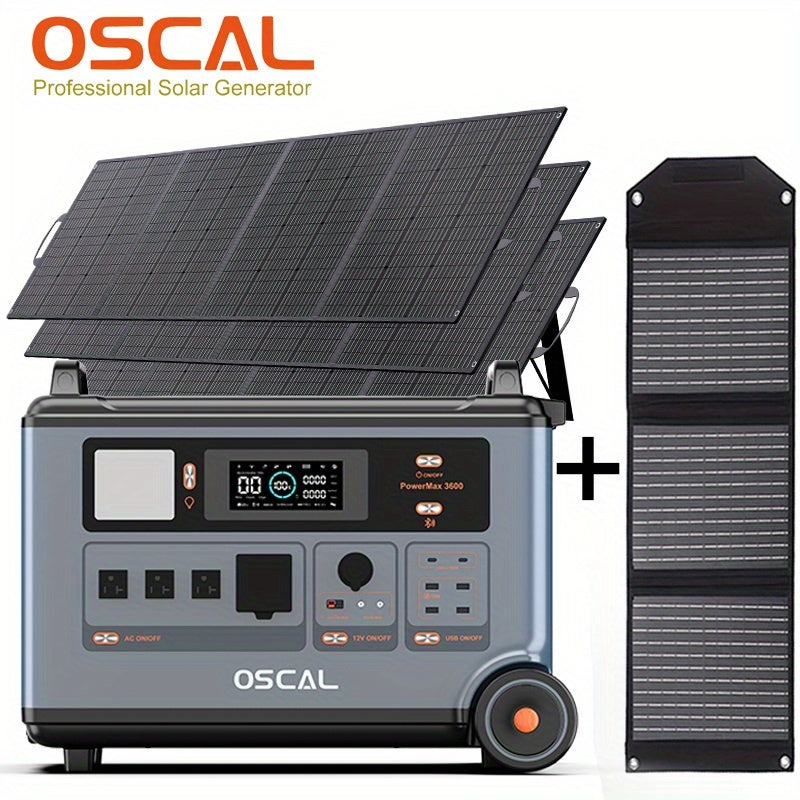 OSCAL 3600Wh Solar Generator PowerMax 3600 with 3x400W Panel | 4 AC Outputs (7200W Peak), 1.2H Full Charging, App Control, Emergency Power Station for Home, Camping & RVs, Includes Bonus 30W Solar Panel