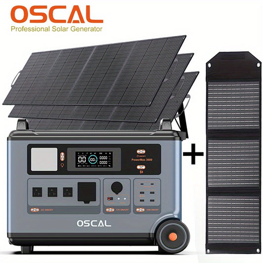 OSCAL 3600Wh Solar Generator PowerMax 3600 with 3x400W Panel | 4 AC Outputs (7200W Peak), 1.2H Full Charging, App Control, Emergency Power Station for Home, Camping & RVs, Includes Bonus 30W Solar Panel