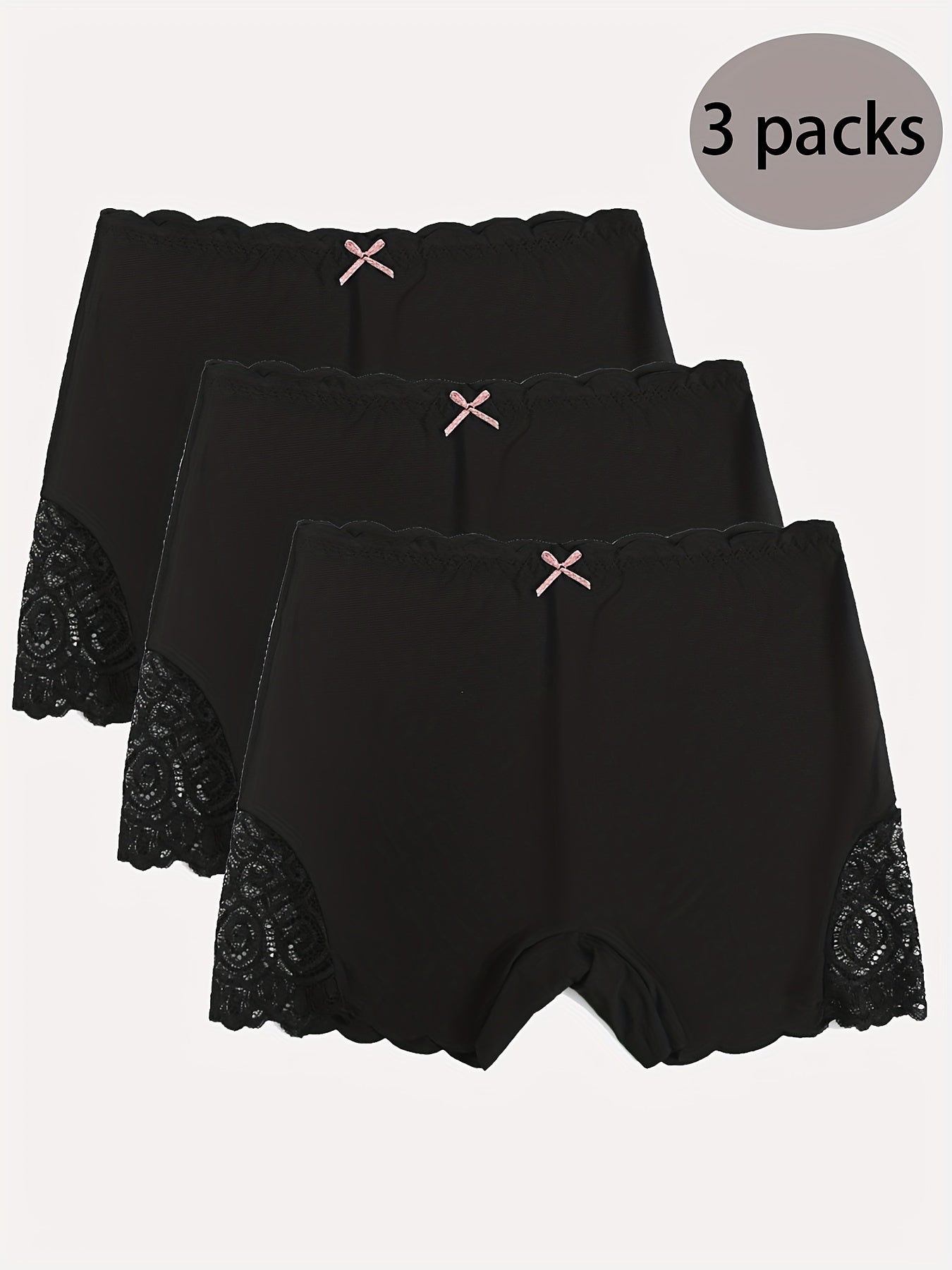 3pcs Contrast Lace Boyshort Panties, Seamless Scallop Trim Bow Tie Panties, Women's Lingerie & Underwear