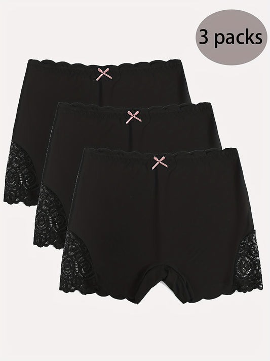 3pcs Contrast Lace Boyshort Panties, Seamless Scallop Trim Bow Tie Panties, Women's Lingerie & Underwear