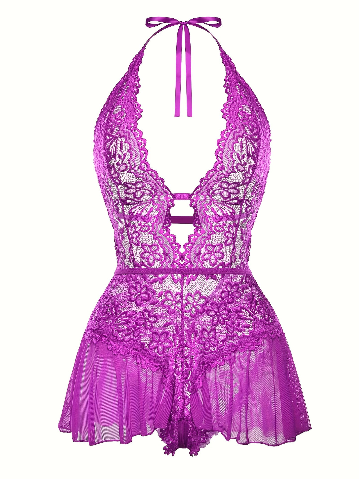 Sultry Floral Lace Teddy Bodysuit - Teddies with Halter Strappy Backless Open Crotch Design, Sexy Women's Lingerie & Underwear for Romantic Nights Out