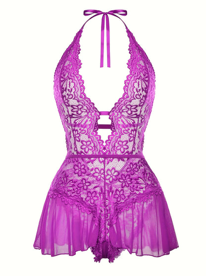 Sultry Floral Lace Teddy Bodysuit - Teddies with Halter Strappy Backless Open Crotch Design, Sexy Women's Lingerie & Underwear for Romantic Nights Out