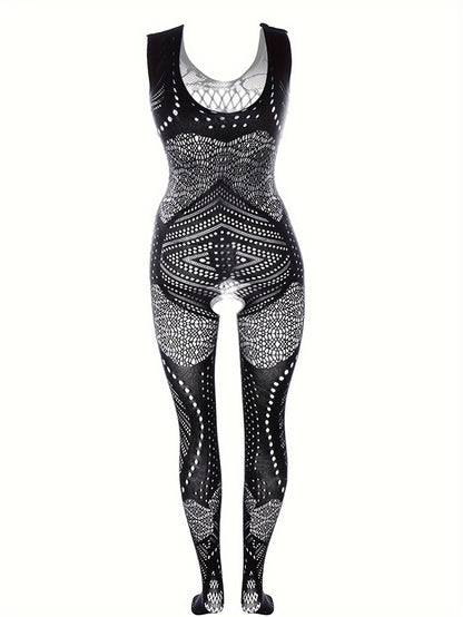Plus Size Sexy Lingerie Bodysuit for Women - Black Hollow Out Sheer Fishnet, Stretchy Crotchless Full-Body Stocking, Intricate Geometric Patterns