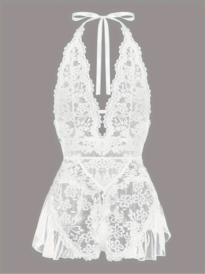 Sultry Floral Lace Teddy Bodysuit - Teddies with Halter Strappy Backless Open Crotch Design, Sexy Women's Lingerie & Underwear for Romantic Nights Out