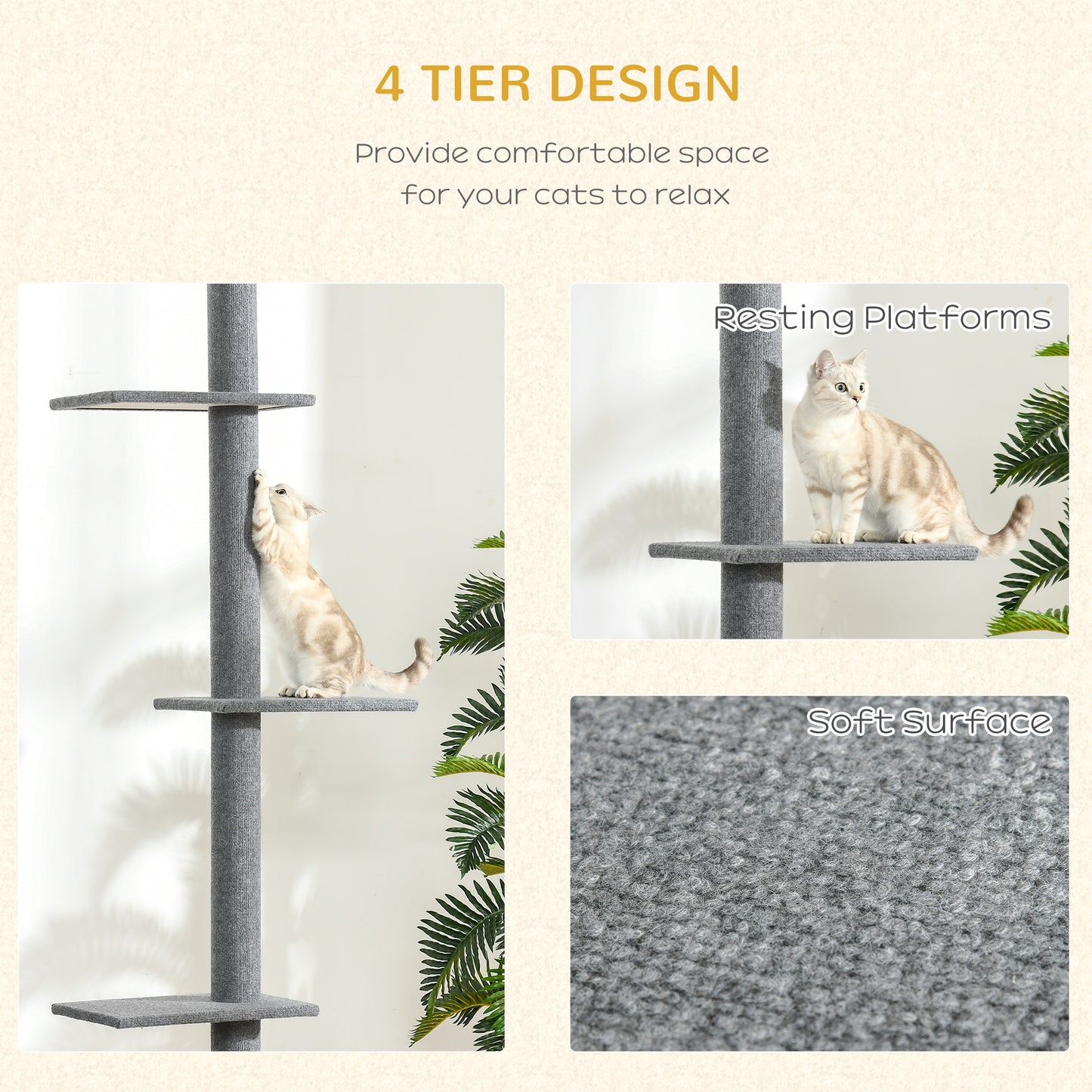 Floor-to-Ceiling Cat Tree Cat Climbing Tower with Sisal-Covered Scratching Posts Natural Cat Tree Activity Center for kittens Cat tower furniture, Grey