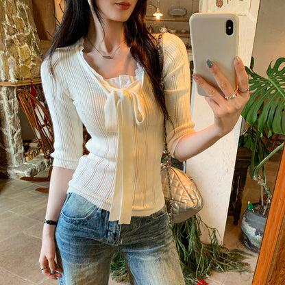 Lace Spliced Mock Two-Piece Knotted Knit Top for Women