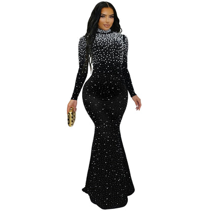 Elegant High Neck Rhinestone Beaded Bodycon Dress for Women Fashion