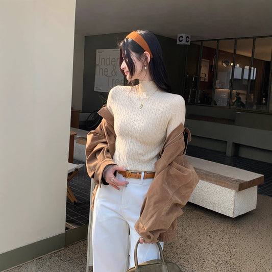 Chic Gray Cable Knit Crewneck Sweater Top for Women,  Slim Fit Short Length Underwear Shirt