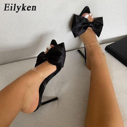 New Fashion Bowknot Women's Slippers Pointed Toe Thin High Heels Summer Elegant Dress Party Ladies Slides Pumps Shoes